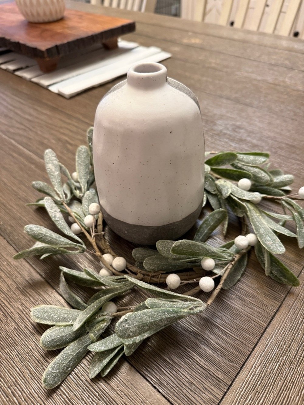 Frosted Green Wreath Accent with Neutral Ceramic Vase